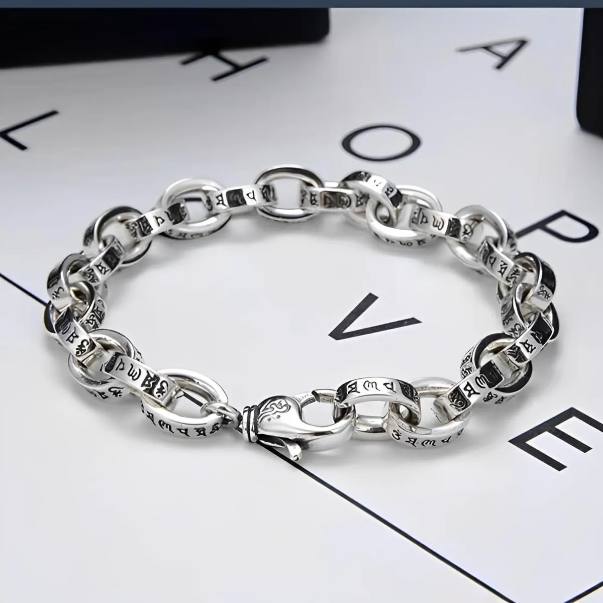 Personalized Couple Sterling Silver Bracelet,Six Word Mantra for Good Luck Bangle Bracelets(With Jewelry Box) Real S925 Classic Carving Arm Cuff Bangle Handmade