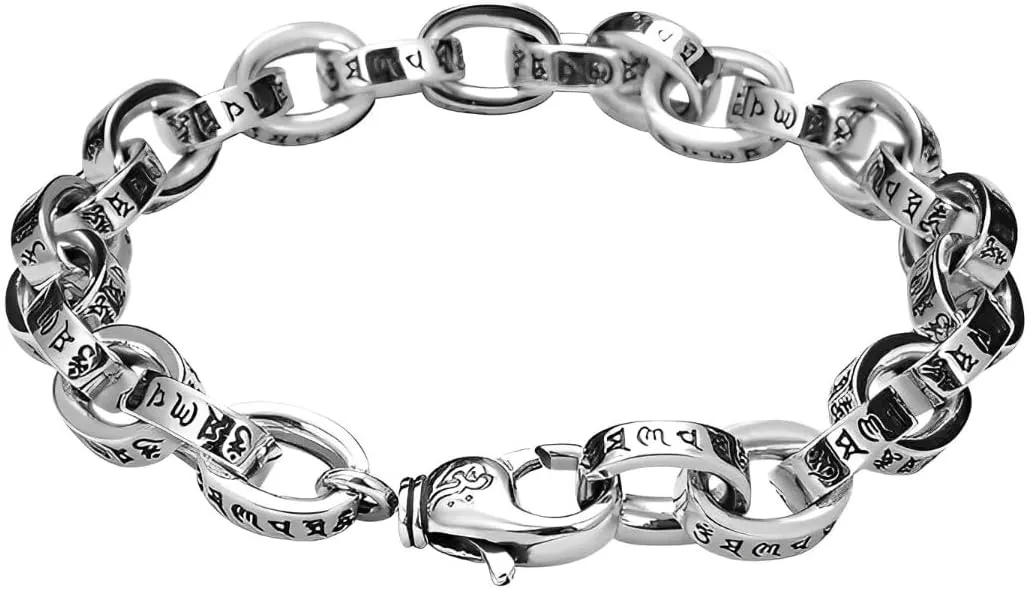 Personalized Couple Sterling Silver Bracelet,Six Word Mantra for Good Luck Bangle Bracelets(With Jewelry Box) Real S925 Classic Carving Arm Cuff Bangle Handmade