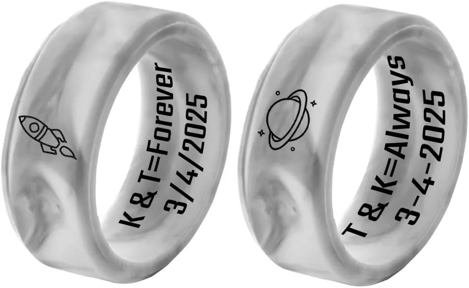 Personalized Matching Silicone Rings Couple Rings with Free Engraved Dual-Tone Intergalactic Love Bands, Waterproof Design for Sci-Fi Lovers & Adventure-Driven Couples, Size 5-13