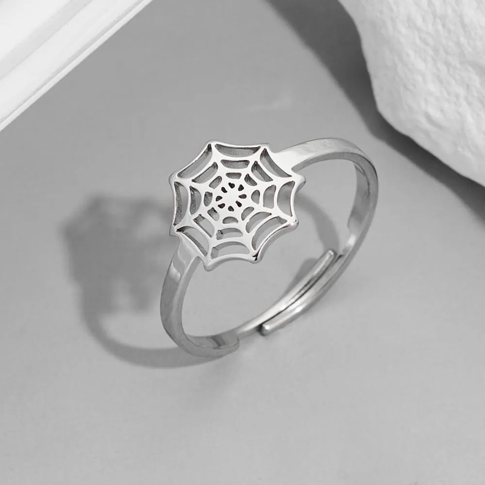 Personalized Spider Web Adjustable Ring for Women Men Minimalist Silver/Golden Plated Stainless Steel KnuckleTail Finger Rings Punk Statement Stacking Open Ring Fashion Jewerly Gift for Halloween Birthday Party