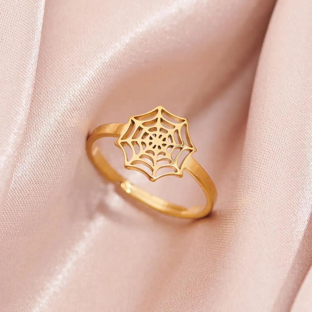 Personalized Spider Web Adjustable Ring for Women Men Minimalist Silver/Golden Plated Stainless Steel KnuckleTail Finger Rings Punk Statement Stacking Open Ring Fashion Jewerly Gift for Halloween Birthday Party