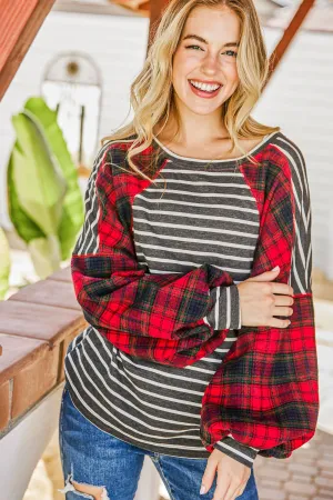 Plaid Pattern Block Top with Balloon Sleeve