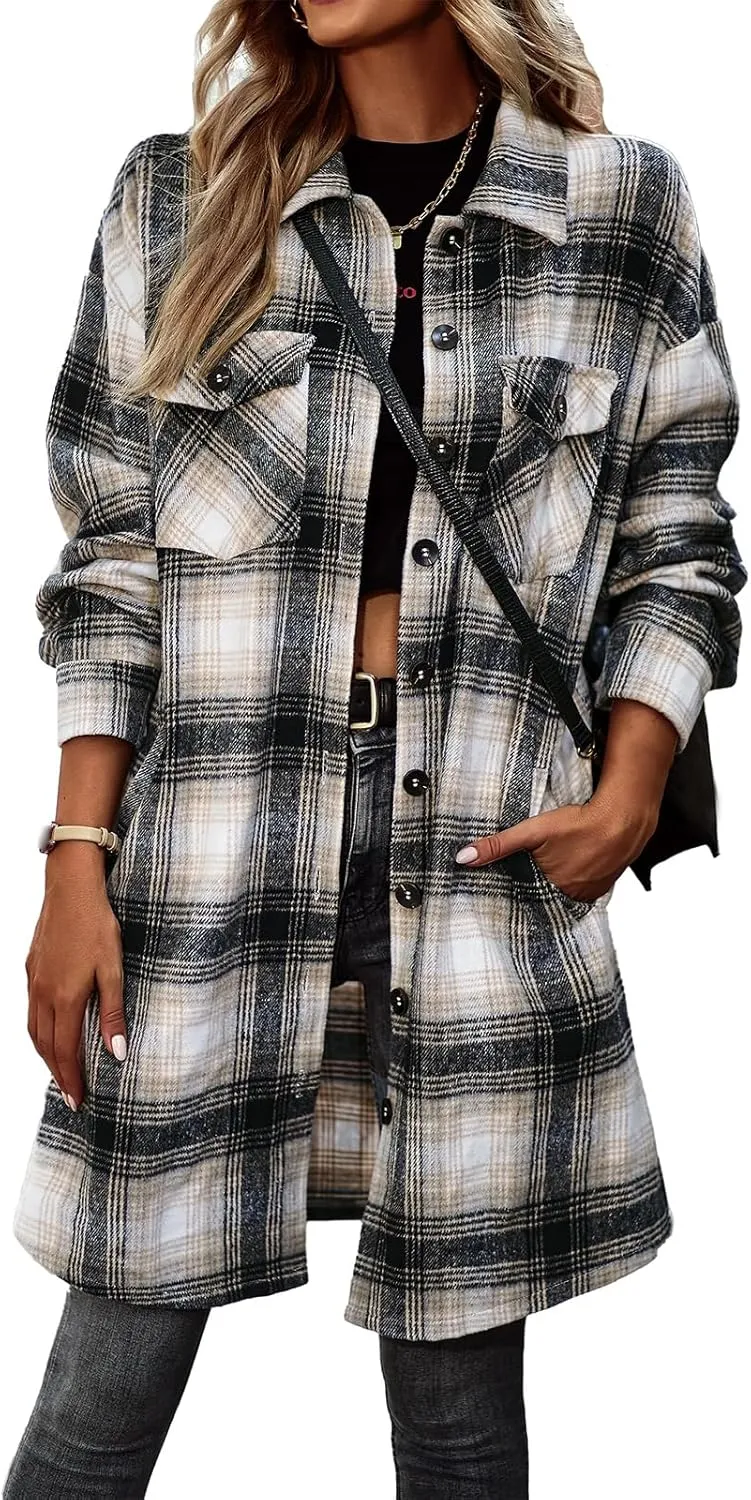 Plaid Shirts for Women Button Down Shacket Jackets Lapel Long Sleeve Coats Long Tartan Trench Coats with Pockets