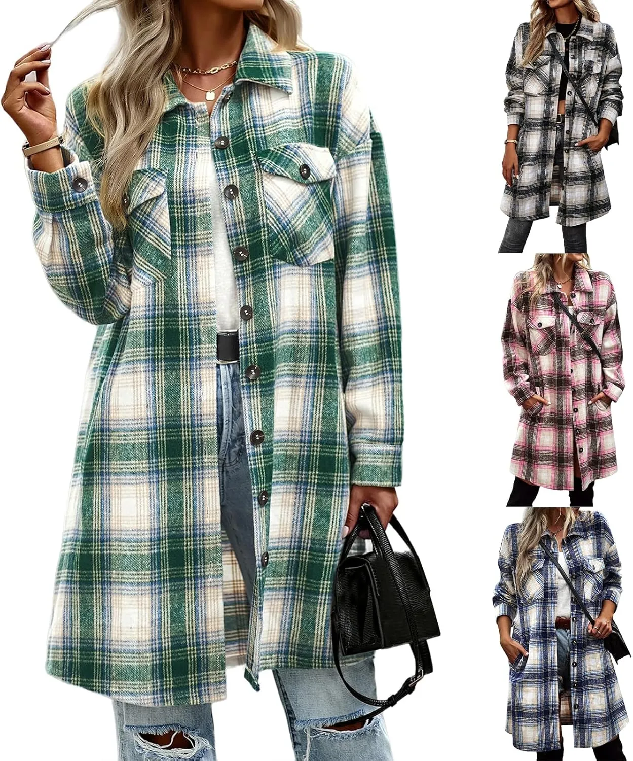 Plaid Shirts for Women Button Down Shacket Jackets Lapel Long Sleeve Coats Long Tartan Trench Coats with Pockets