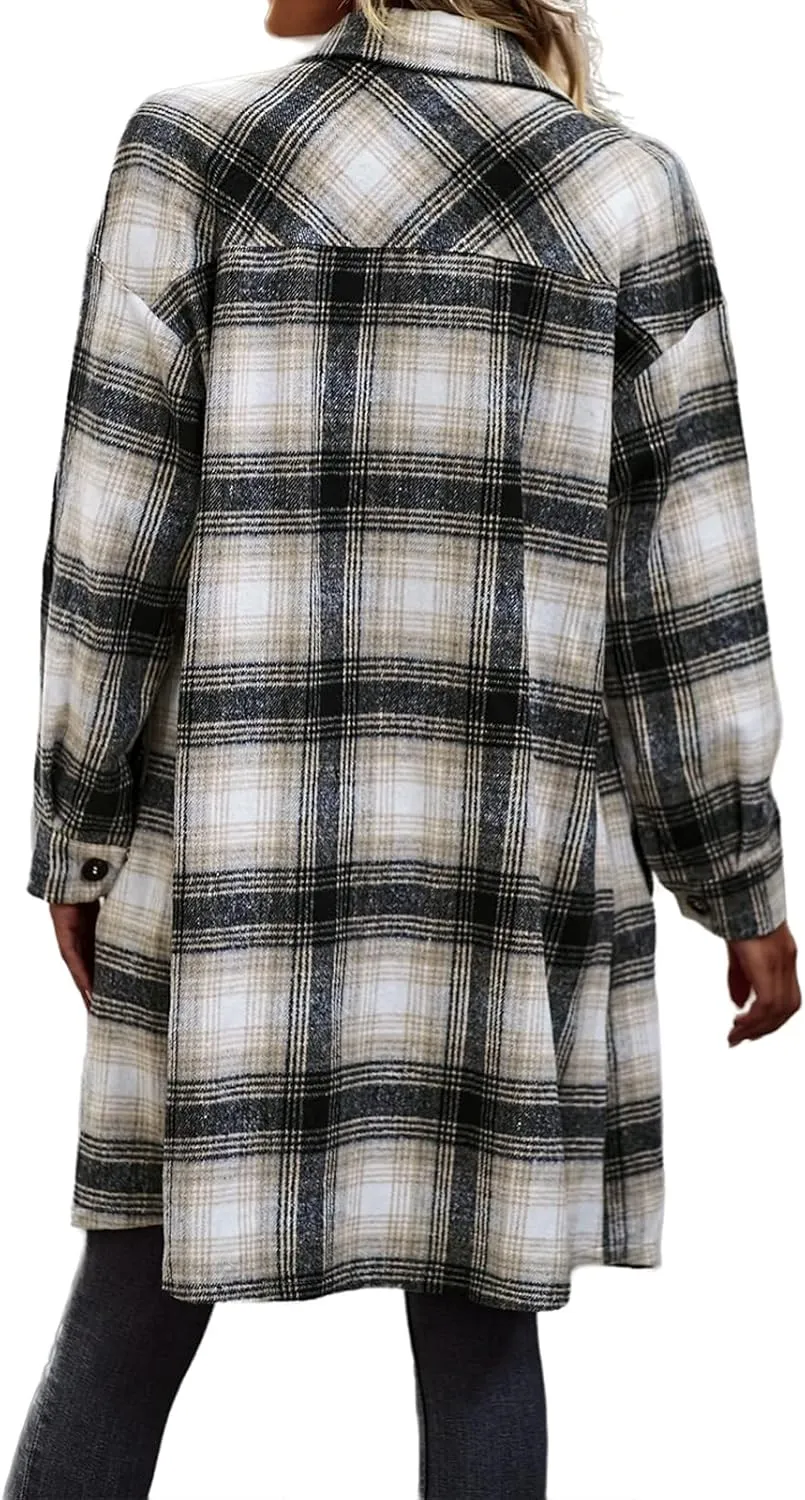 Plaid Shirts for Women Button Down Shacket Jackets Lapel Long Sleeve Coats Long Tartan Trench Coats with Pockets