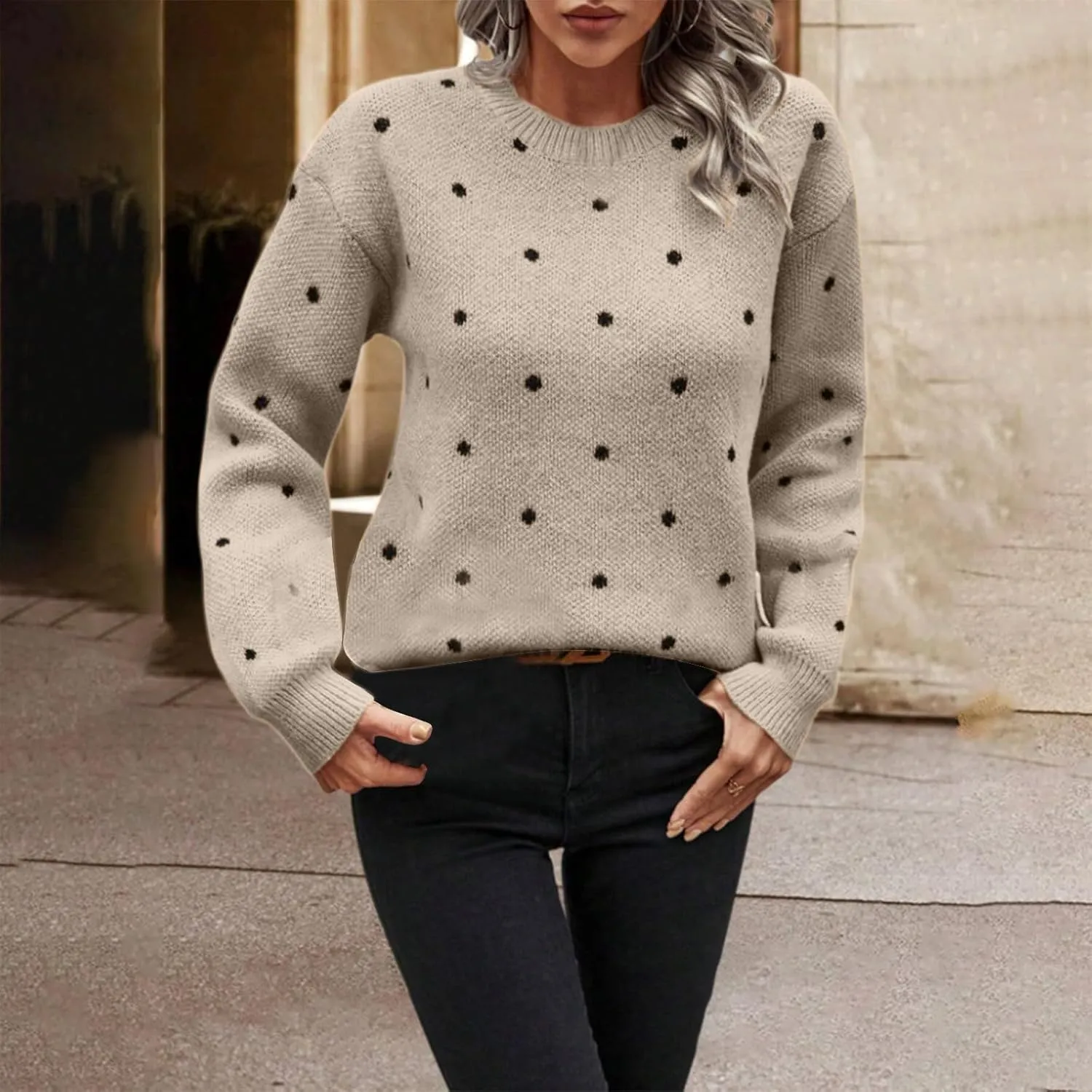 Polka Dot Sweater for Women Casual Long Sleeve Crewneck Pullover Shirt Fashion 2024 Winter Outfits Loose Warm Clothes