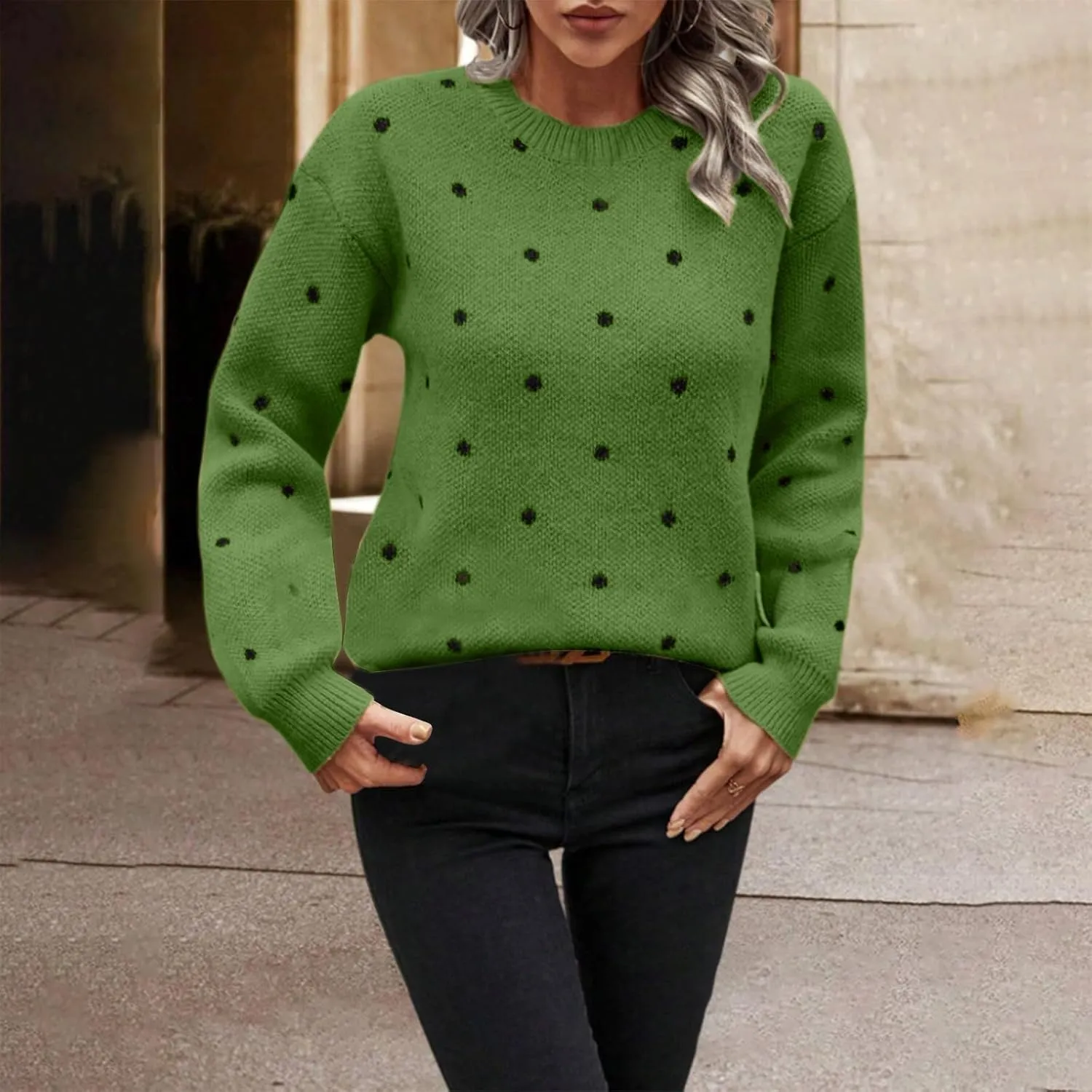 Polka Dot Sweater for Women Casual Long Sleeve Crewneck Pullover Shirt Fashion 2024 Winter Outfits Loose Warm Clothes