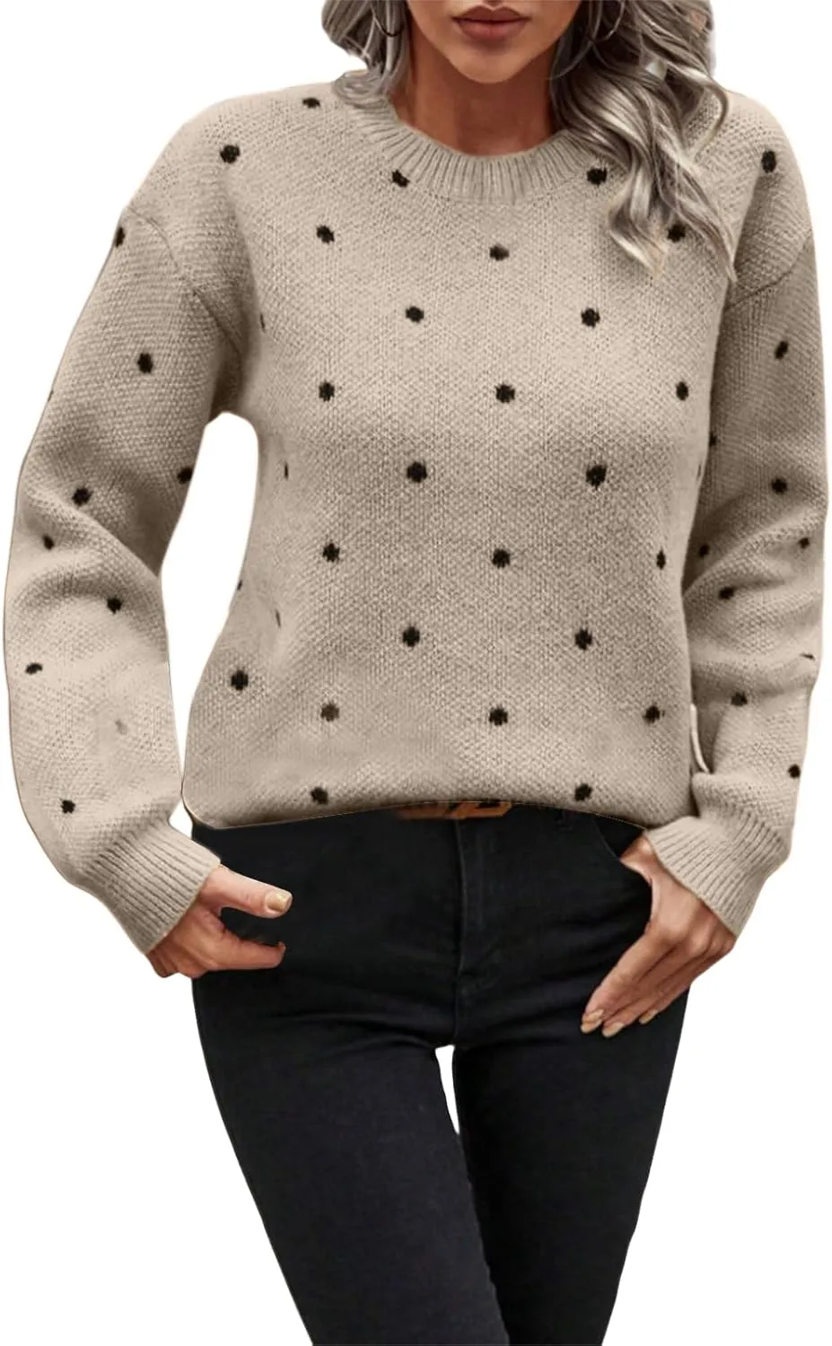 Polka Dot Sweater for Women Casual Long Sleeve Crewneck Pullover Shirt Fashion 2024 Winter Outfits Loose Warm Clothes