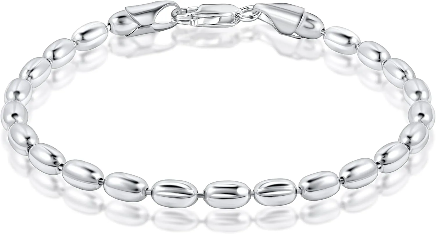 PORI JEWELERS 925 Sterling Silver Italian 3MM or 4MM Oval Bead Ball Strand Chain Bracelet for Women 7, 7.5, 8 Inch Made in Italy