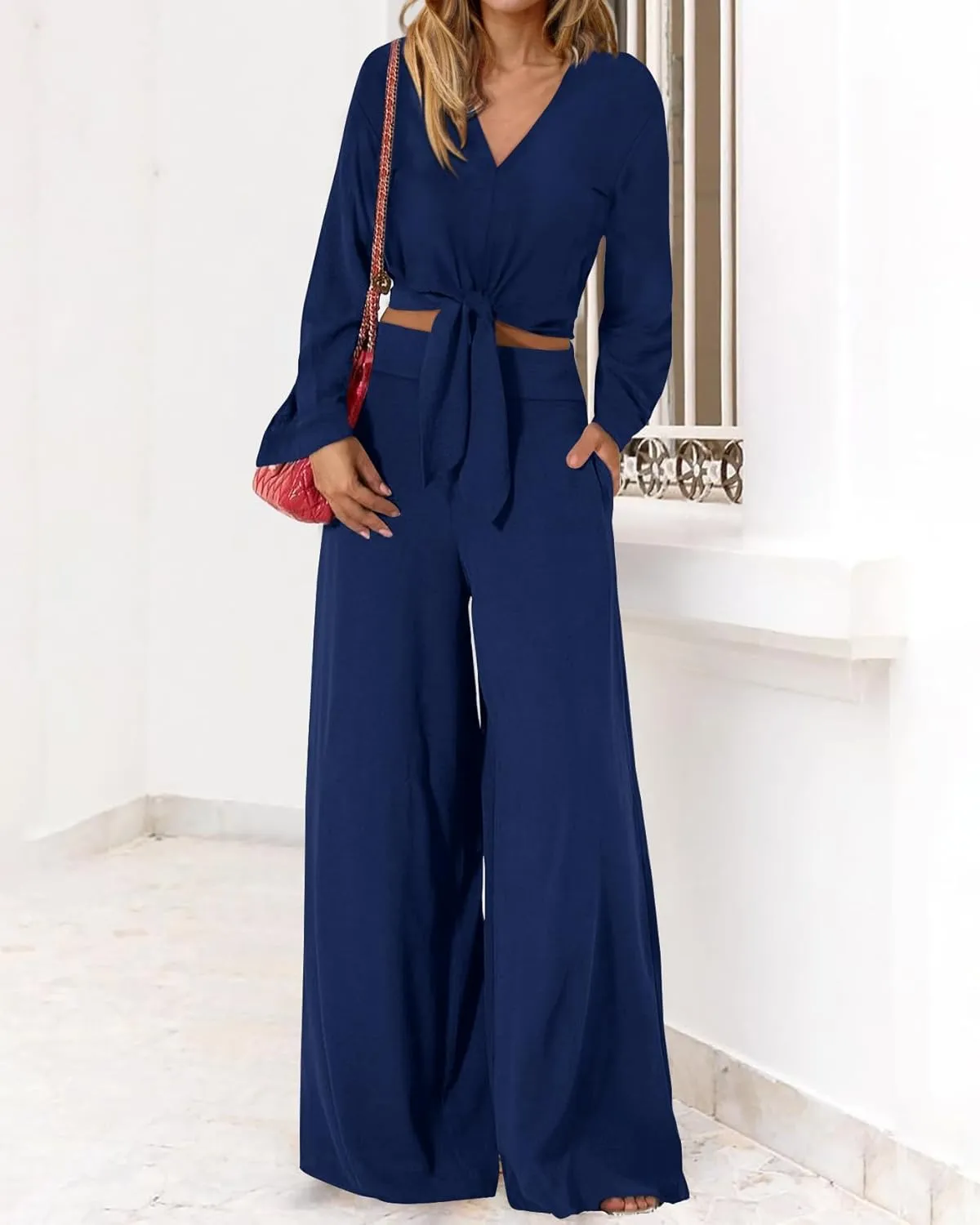 PRETTYGARDEN Women's 2 Piece Outfits 2025 Spring Casual V Neck Long Sleeve Strappy Crop Top Wide Leg Palazzo Pant Sets