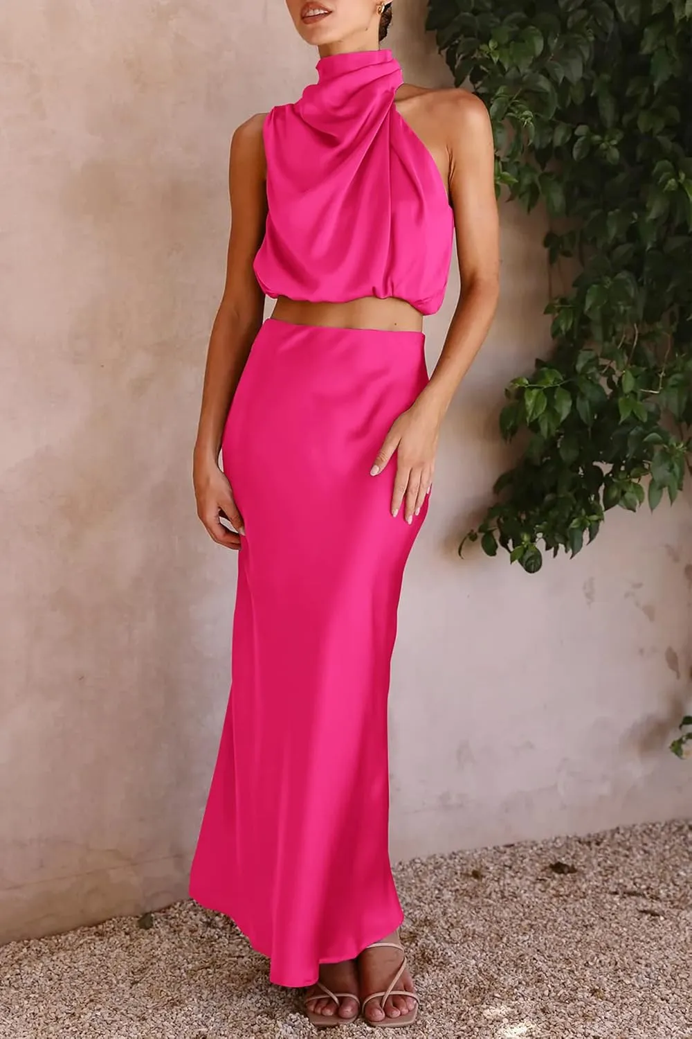 PRETTYGARDEN Women's 2 Piece Satin Outfits Summer Sleeveless Mock Neck Crop Tops and Long Skirt Dress Sets