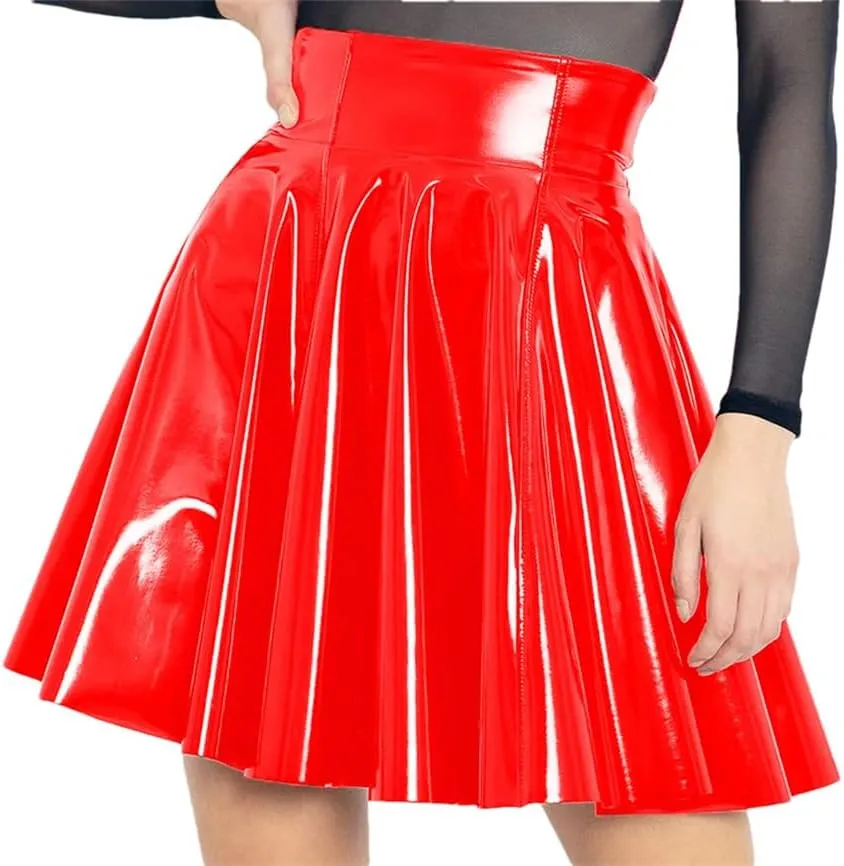 Pulcykp Women Bright Leather Skirts High Waist Flared Pleated A-Line Circle Mini Skater Skirt Clubwear