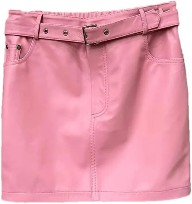 Pulcykp Women Leather Mini Skirt Elastic Waist Slim Package Hip Skirt with Belt Short Skirt