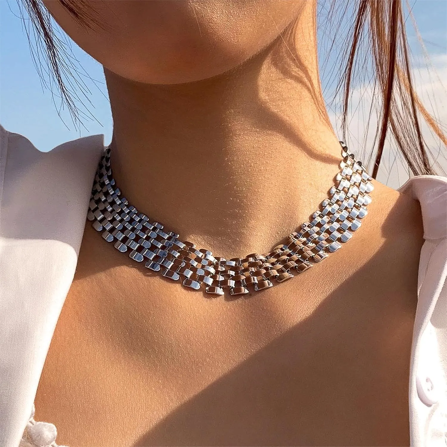 Punk Chunky Link Choker for Women 14K Gold Plating Statement Necklaces Gold Silver Wide Mesh Chain Necklace Hollow Out Chain Jewelry
