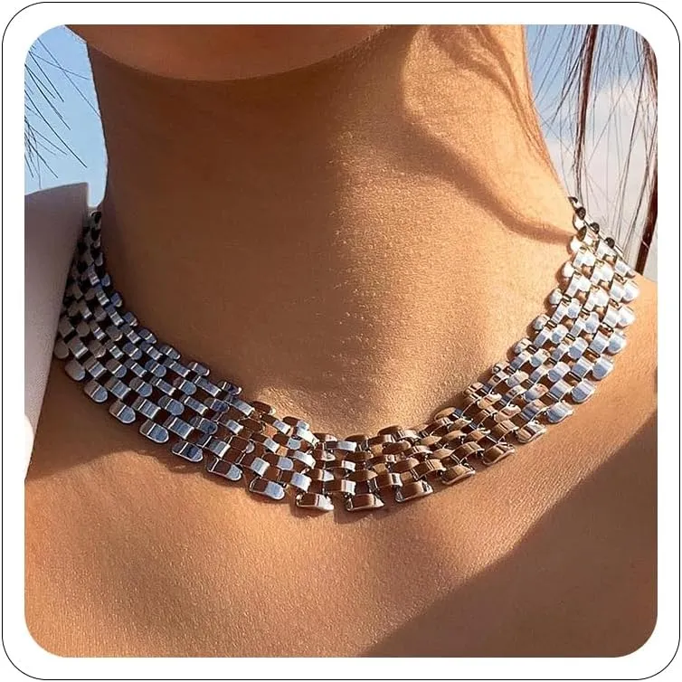 Punk Chunky Link Choker for Women 14K Gold Plating Statement Necklaces Gold Silver Wide Mesh Chain Necklace Hollow Out Chain Jewelry