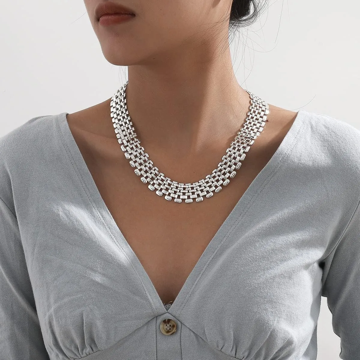 Punk Chunky Link Choker for Women 14K Gold Plating Statement Necklaces Gold Silver Wide Mesh Chain Necklace Hollow Out Chain Jewelry