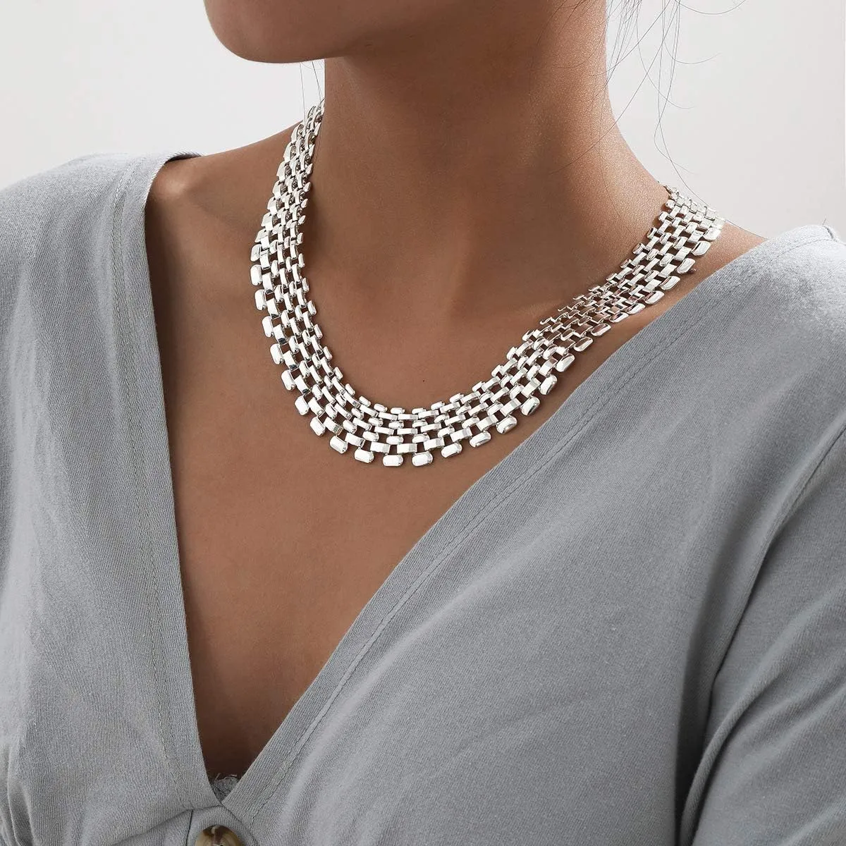 Punk Chunky Link Choker for Women 14K Gold Plating Statement Necklaces Gold Silver Wide Mesh Chain Necklace Hollow Out Chain Jewelry
