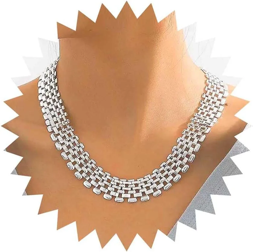 Punk Linked Wide Choker Necklace Wide Mesh Chain Necklace Silver Mesh Chain Necklace Tone Wide Statement Necklace Wide Collar Necklace Chunky Hollow Out Chain Necklace Jewelry for Women