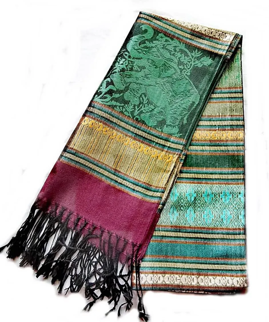 PunPund Thai Silk Scarf Woven Scarves Shawls Pashmina Red Wine Elephant Traditional Women 1 Piece