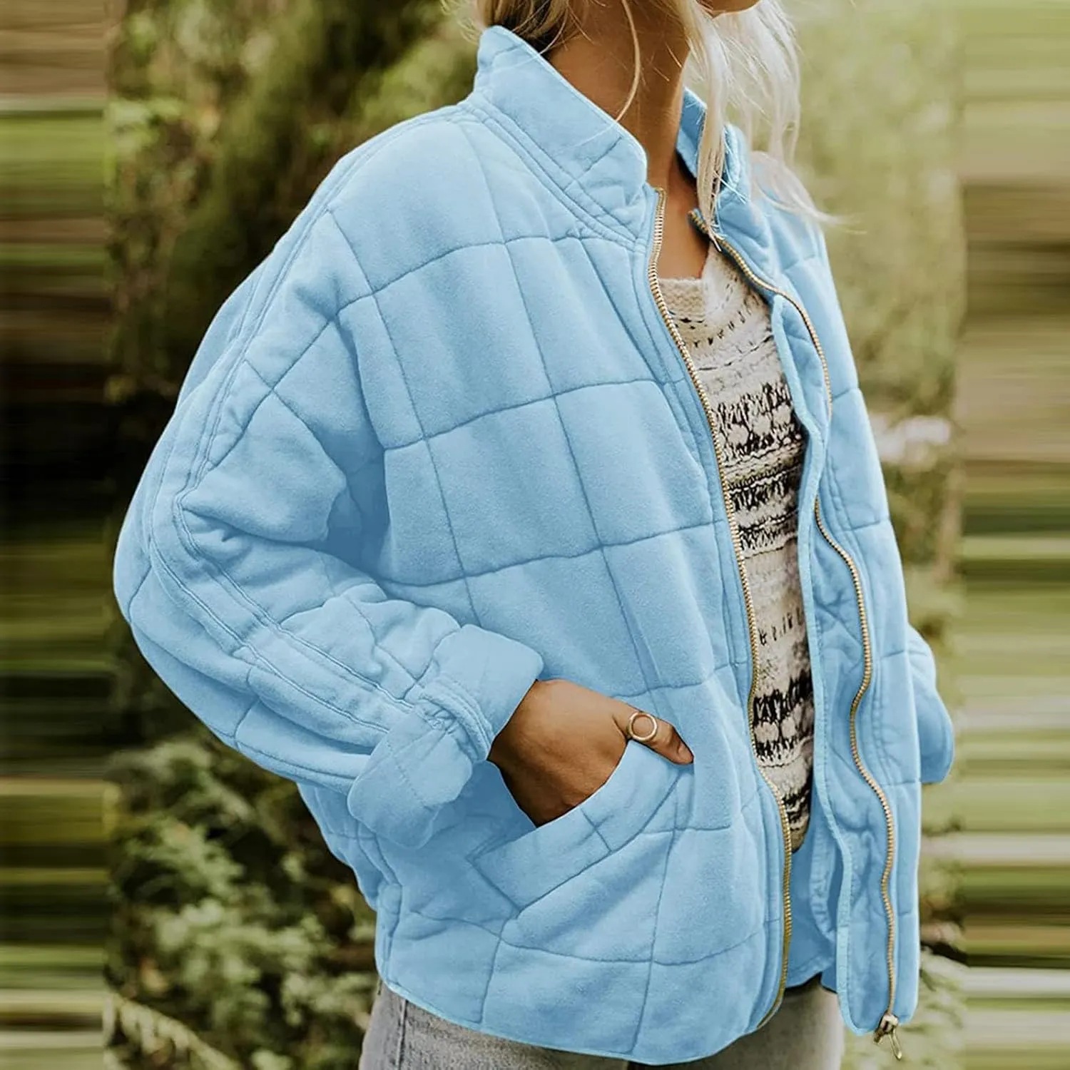Quilted Jackets for Women, Long Sleeve Zip Puffer Jackets Loose Casual Jacket Coat Winter Warm Outwear with Pockets