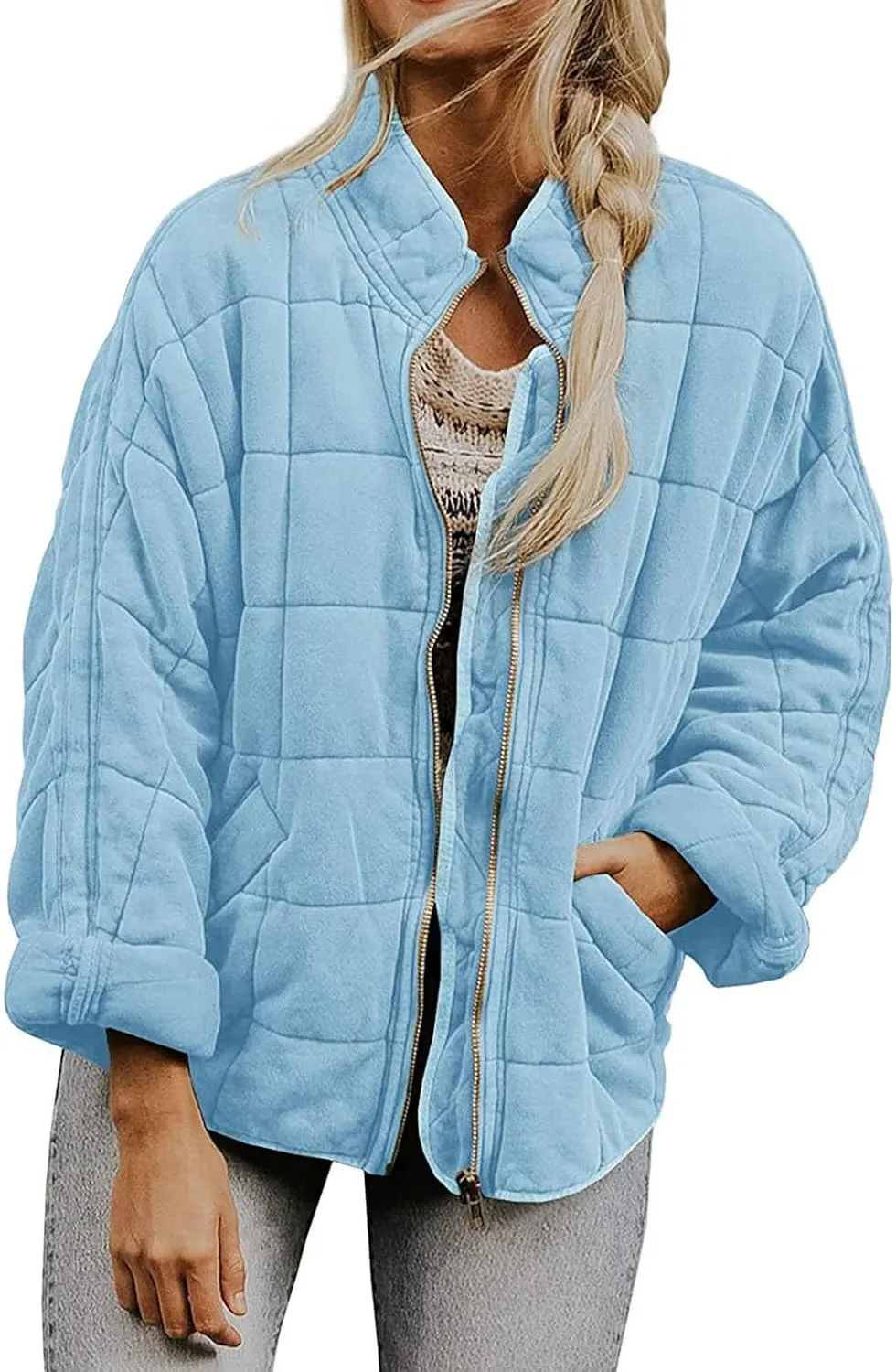 Quilted Jackets for Women, Long Sleeve Zip Puffer Jackets Loose Casual Jacket Coat Winter Warm Outwear with Pockets