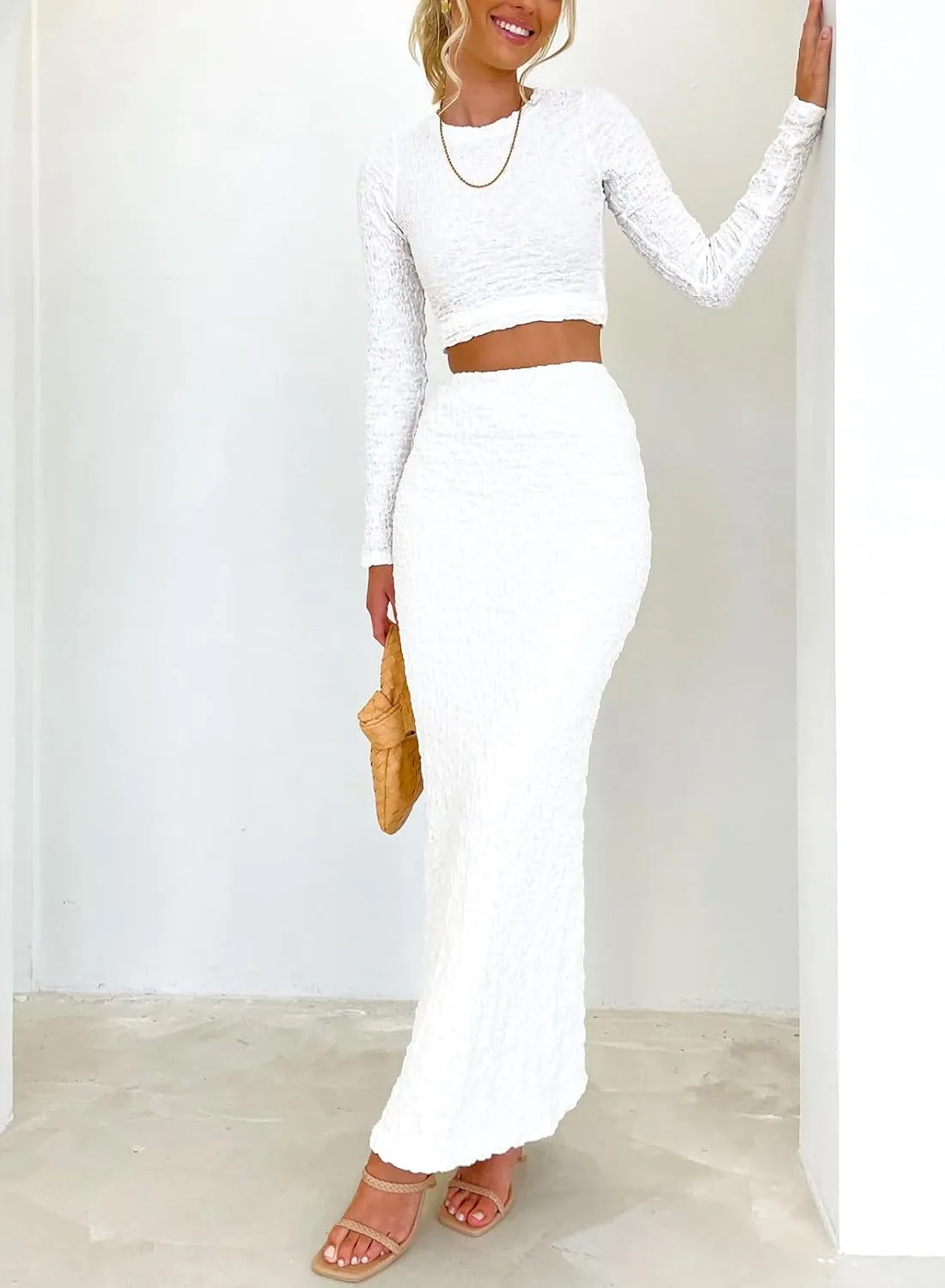RAISECOM Women's Fall Skirt Set 2 Piece Outfits Longsleeve Dresses Crop Top Maxi Bodycon Skirt Casual Trendy Dress