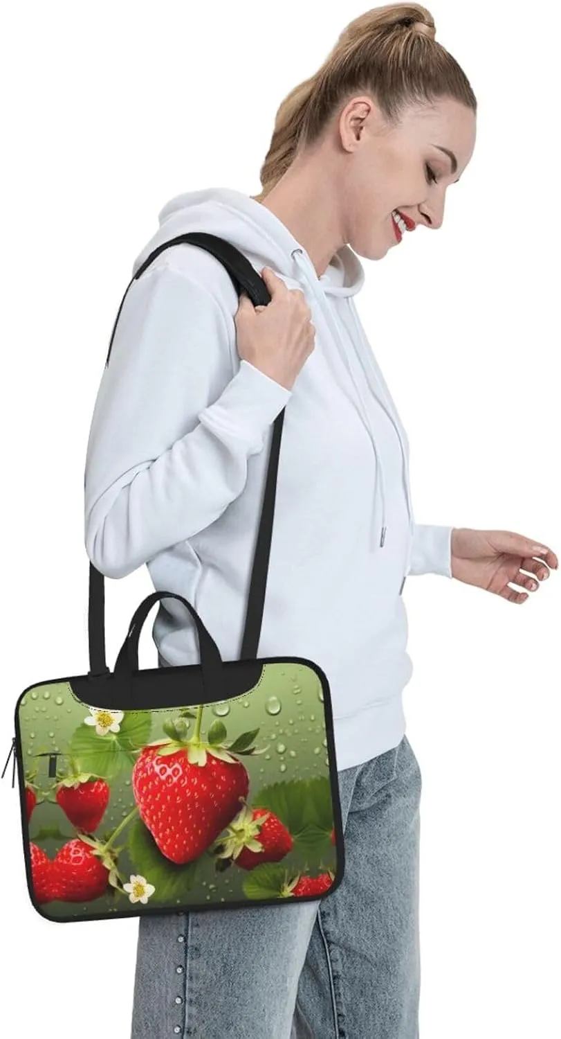 Red Pink Flowers Print Laptop Bag Neoprene Notebook Computer Messenger Briefcase Cover Pouch Sleeve W/Adjustable Strap