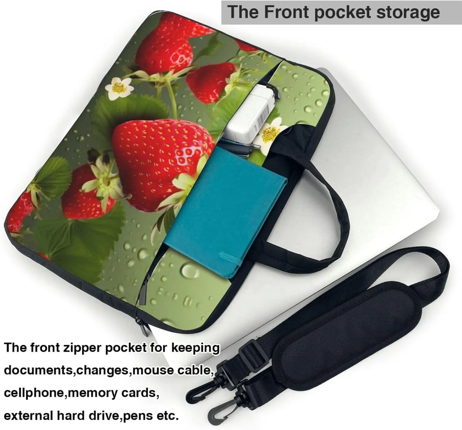 Red Pink Flowers Print Laptop Bag Neoprene Notebook Computer Messenger Briefcase Cover Pouch Sleeve W/Adjustable Strap