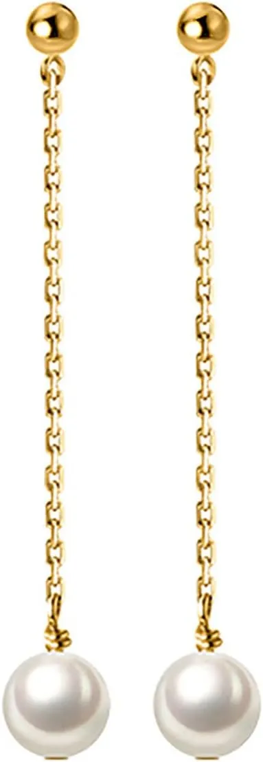 Reffeer Solid 925 Sterling Silver Pearl Drop Earrings Chain for Women Teens Pearl Long Dangle Earrings Tassel