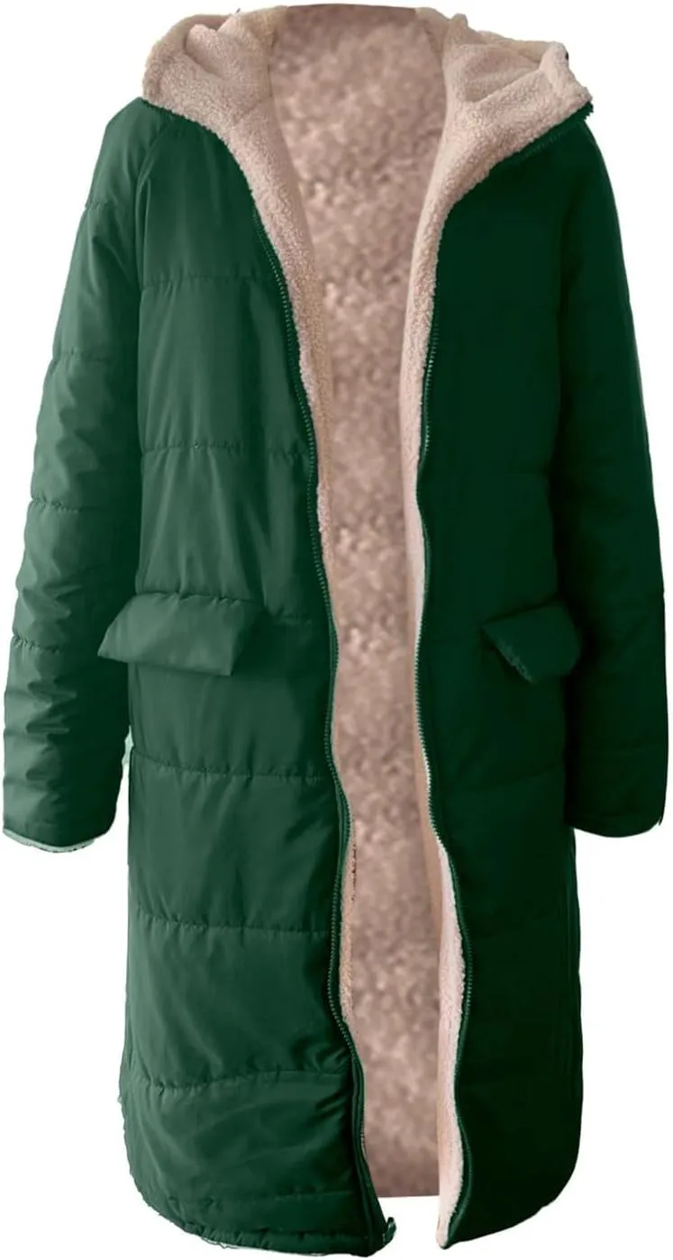 Reversible Fuf Fleece Lined Hood Puffer Jacket Lightweight Winter Coat Long Puffer Coat Coats for Women Ladies