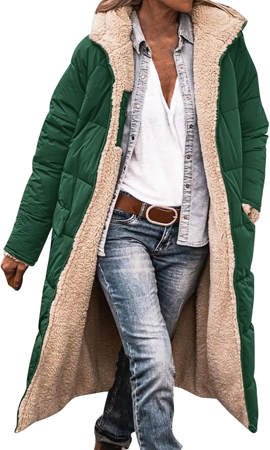 Reversible Fuf Fleece Lined Hood Puffer Jacket Lightweight Winter Coat Long Puffer Coat Coats for Women Ladies