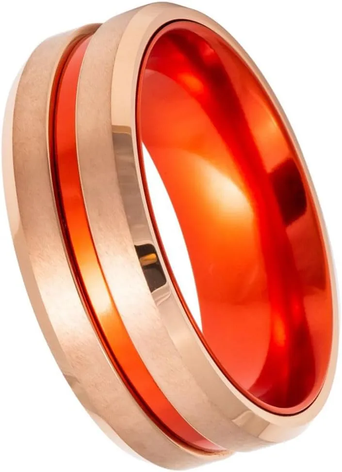 Rose Gold & Fire Orange Tungsten Carbide Ring  8mm Brushed Center with High-Polish Inner Band  Modern Men's Wedding Band or Statement Ring.