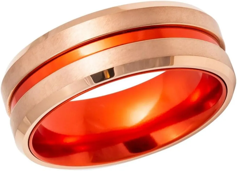 Rose Gold & Fire Orange Tungsten Carbide Ring  8mm Brushed Center with High-Polish Inner Band  Modern Men's Wedding Band or Statement Ring.