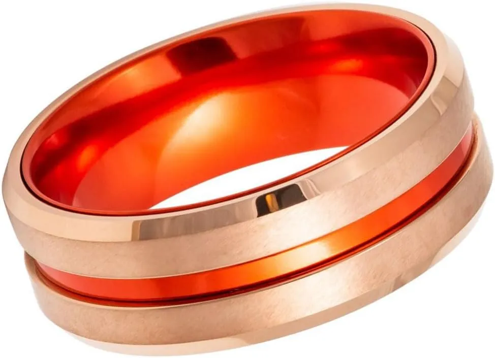 Rose Gold & Fire Orange Tungsten Carbide Ring  8mm Brushed Center with High-Polish Inner Band  Modern Men's Wedding Band or Statement Ring.