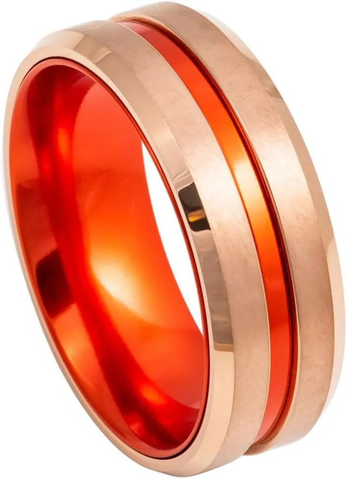 Rose Gold & Fire Orange Tungsten Carbide Ring  8mm Brushed Center with High-Polish Inner Band  Modern Men's Wedding Band or Statement Ring.