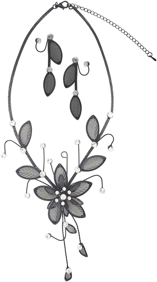 Rosemarie & Jubalee Women's Stunning Large Metal Mesh Flower With Crystal Accents Collar Necklace And Dangle Earrings Jewelry Set, 14" 3" Extension