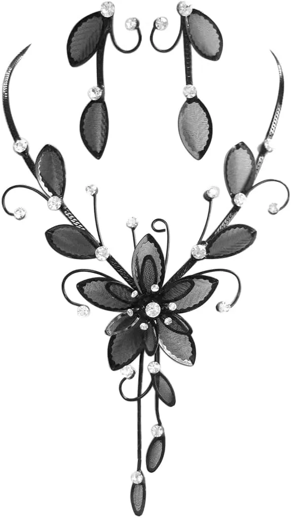 Rosemarie & Jubalee Women's Stunning Large Metal Mesh Flower With Crystal Accents Collar Necklace And Dangle Earrings Jewelry Set, 14" 3" Extension