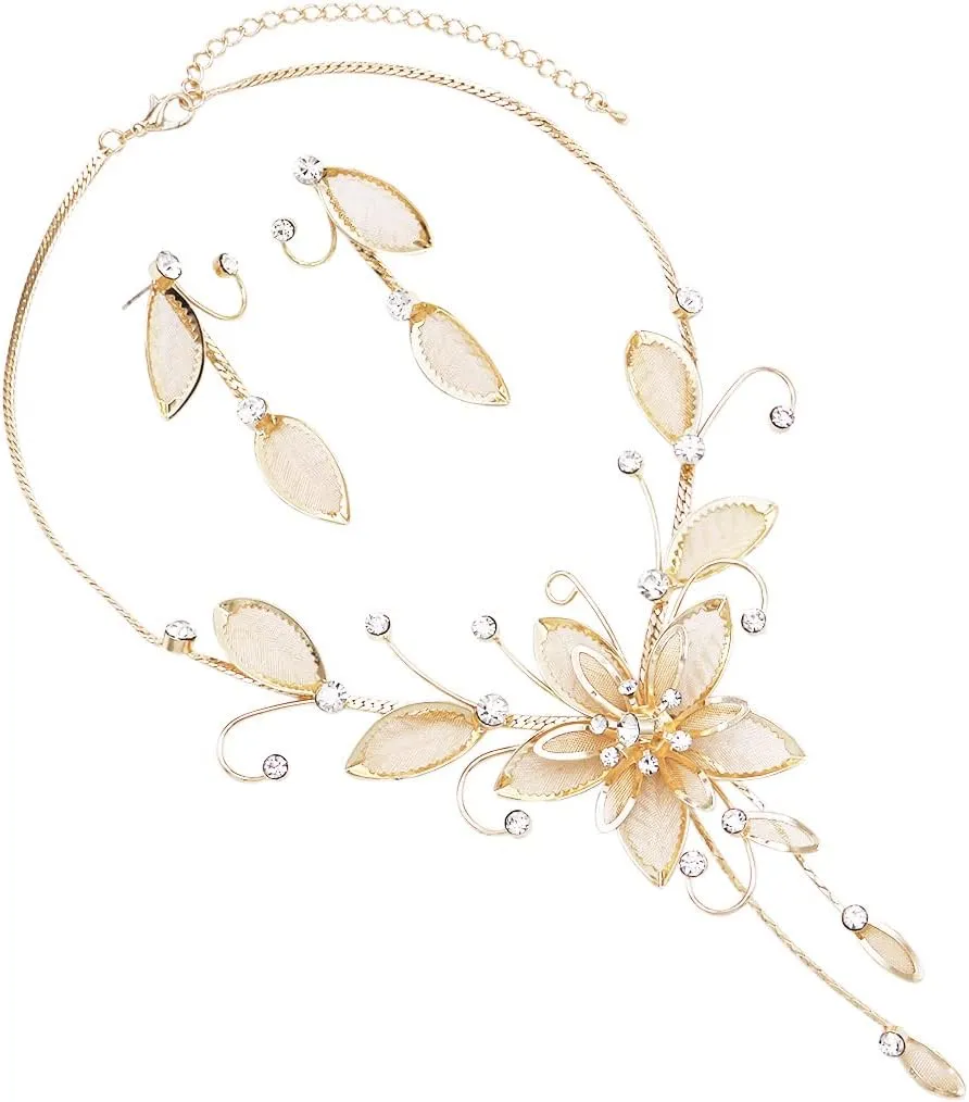Rosemarie & Jubalee Women's Stunning Large Metal Mesh Flower With Crystal Accents Collar Necklace And Dangle Earrings Jewelry Set, 14" 3" Extension