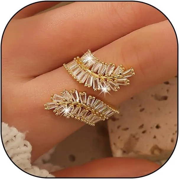 Rrdaily Sparkling Gold Plated Cubic Zirconia Rings for Women Adjustable Geometric Crystal Feather Knuckle Rings Irregular Statement Jewelry Accessories