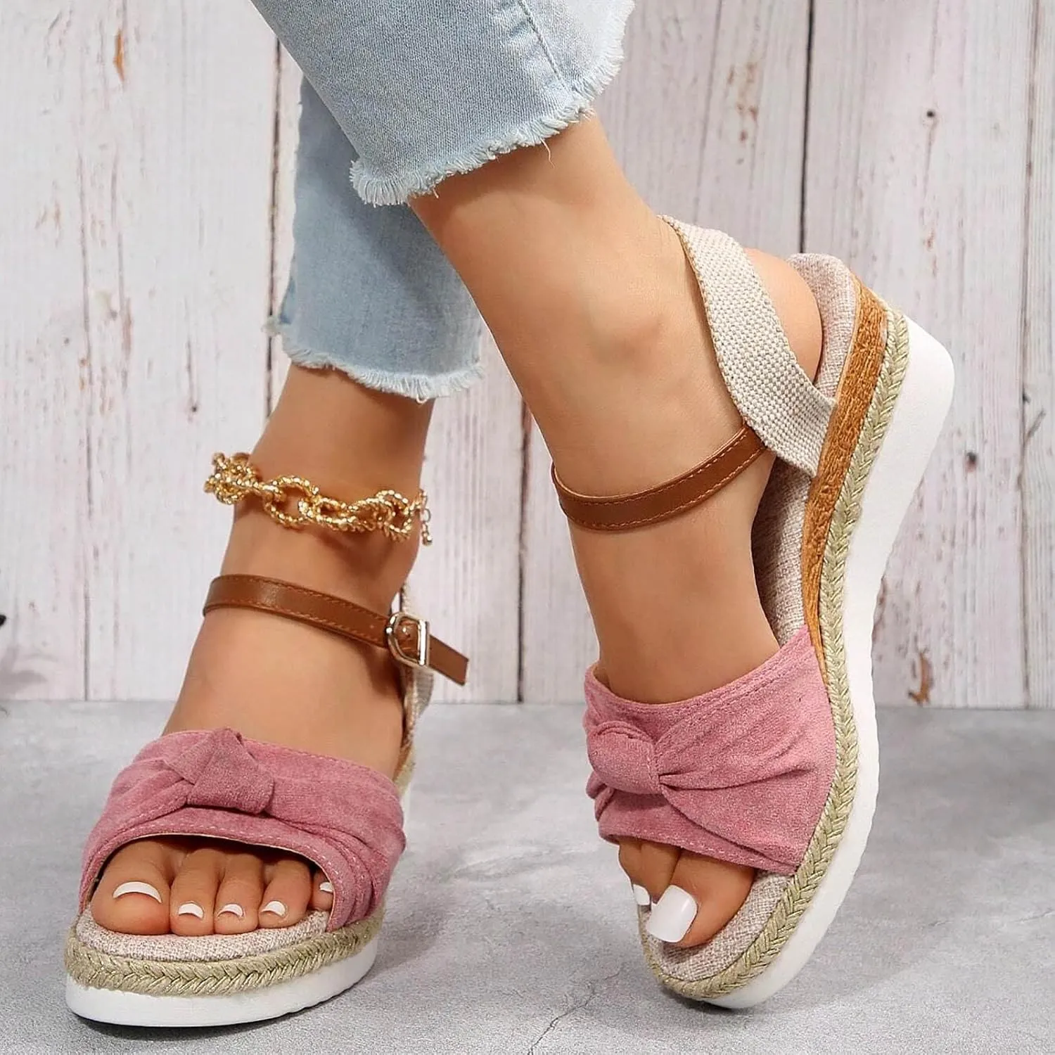 Sandals for Women Summer Dressy, Open Toe Ankle Strap Platform Sandals Casual Strappy Low Wedges Sandals Zipper Beach Sandals