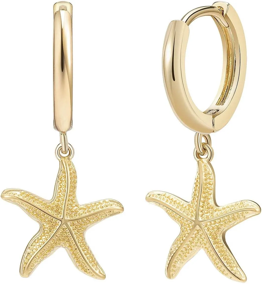 SANNYRA Huggie Earrings for Women - 14K Gold Plated Beach Sea Drop Dangle Earrings - Starfish Butterfly Moon Star Seashell Beachy Jewelry