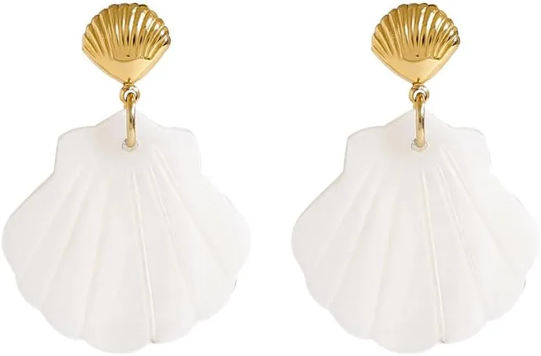Seashell Dangle Earrings for Women 18K Gold Plated Stainless Steel Ocean Stud Earrings Dainty Beach Charms Drop Jewelry Hypoallergenic Nautical Fashion for Summer Vacation Everyday Wear