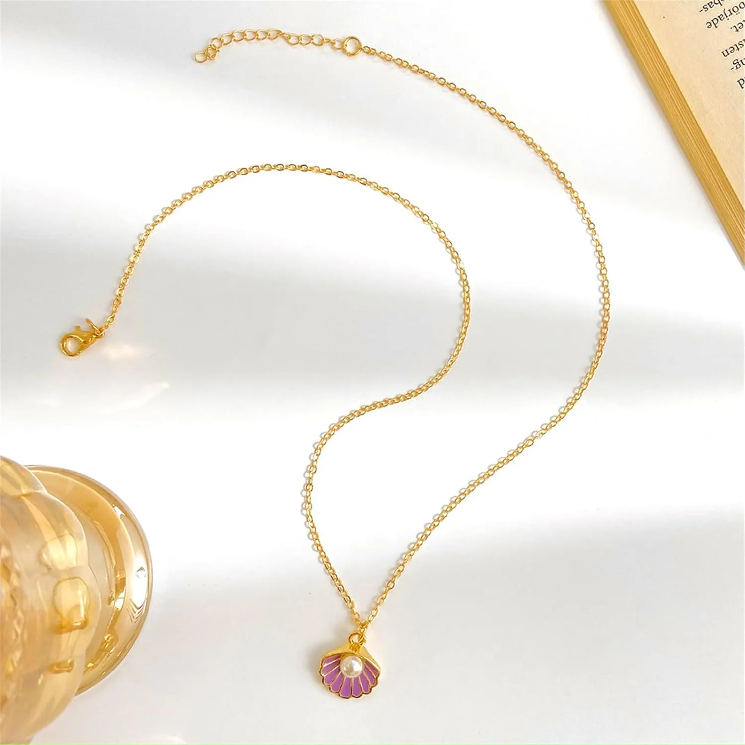 Seashell Pearl Pendant Necklace Gold Plated Boho Enamel Pink Blue Scallop Sea Shell Starfish Ocean Animal Chain Necklace for Women Hawaiian Summer Beach Holiday Fashion Jewelry Gifts