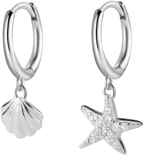 Seashell Starfish Small Hoop Dangle Drop Earrings for Women 925 Sterling Silver Cubic Zirconia Crystal Star Cartilage Huggie Hoops Earring Dainty Sea Beach Jewelry Gifts Hypoallergenic