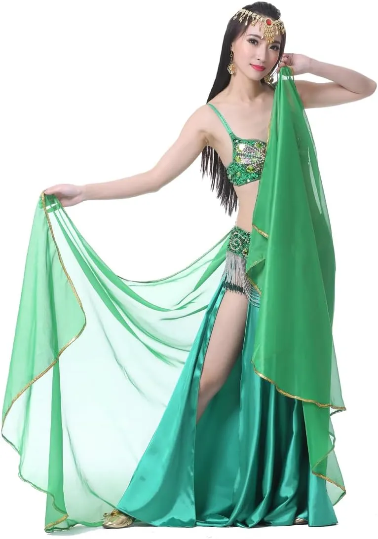 Semicircle Chiffon Hand Scarf Belly Dance Costume Outfit Hip Scarf Sequin Trim Gold Shawls Veils