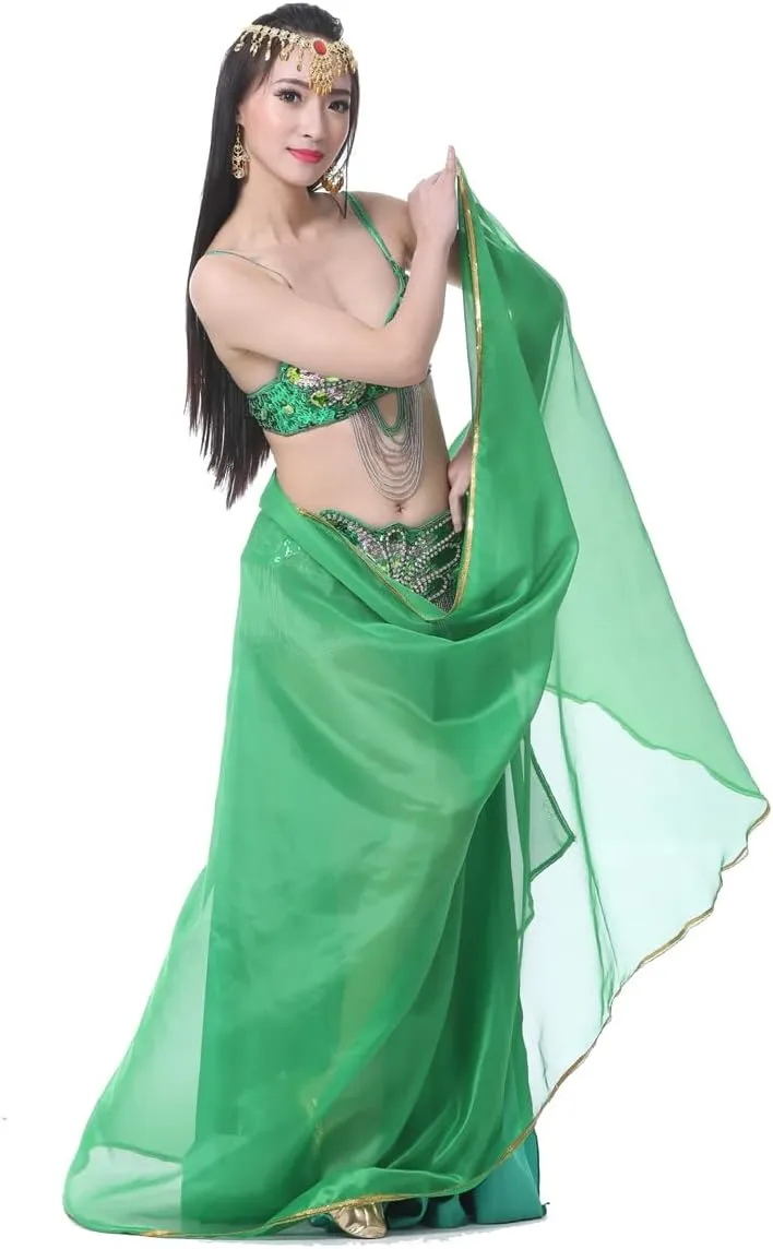 Semicircle Chiffon Hand Scarf Belly Dance Costume Outfit Hip Scarf Sequin Trim Gold Shawls Veils