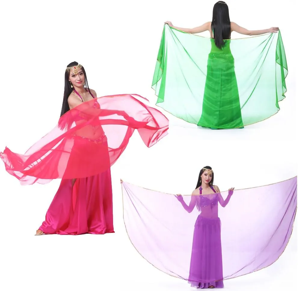 Semicircle Chiffon Hand Scarf Belly Dance Costume Outfit Hip Scarf Sequin Trim Gold Shawls Veils