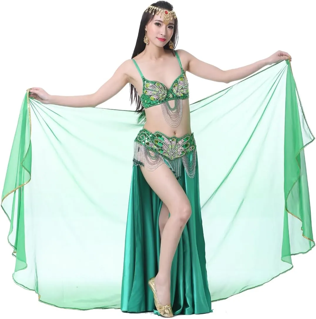 Semicircle Chiffon Hand Scarf Belly Dance Costume Outfit Hip Scarf Sequin Trim Gold Shawls Veils