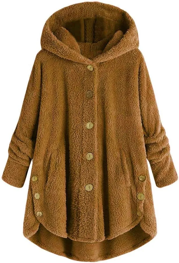 Sherpa Jacket Women Fuzzy Fleece Button Down Long Sleeve Casual Plush Cardigans Jacket Open Front Soft Hooded Coat