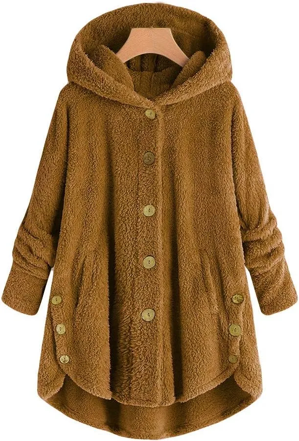 Sherpa Jacket Women Fuzzy Fleece Button Down Long Sleeve Casual Plush Cardigans Jacket Open Front Soft Hooded Coat